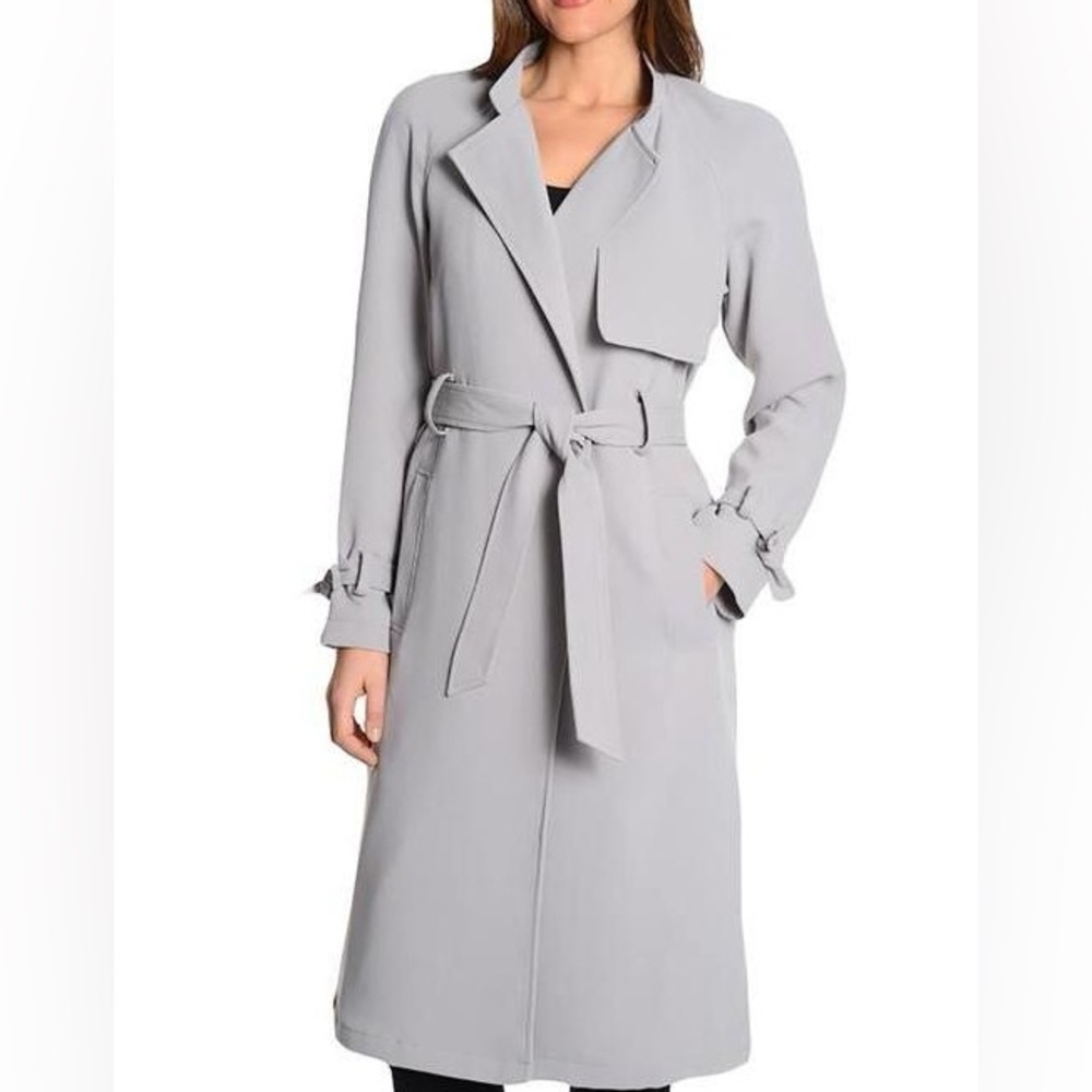 Rachel Roy Long Gray Mist Luxe Crepe Trench Coat MSRP $279